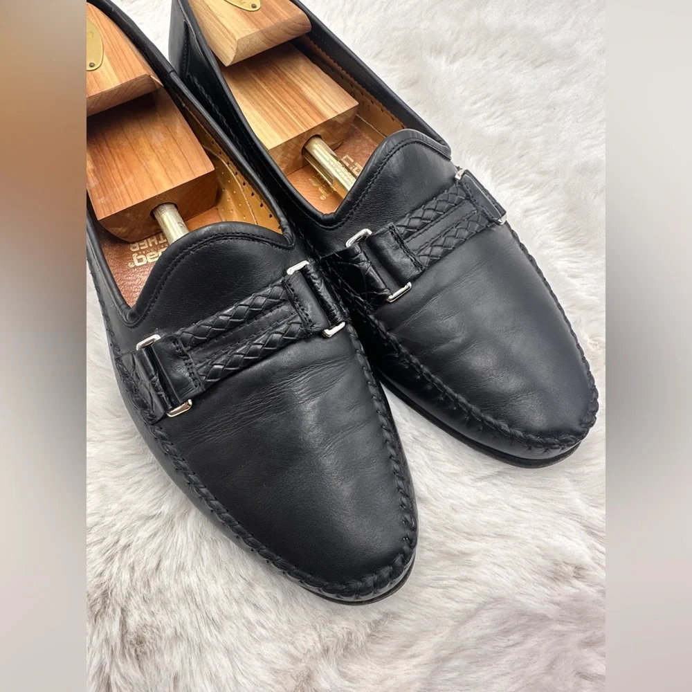 SANTONI Men’s Woven Leather Loafer‎ Size 11 D Black braided dress shoes